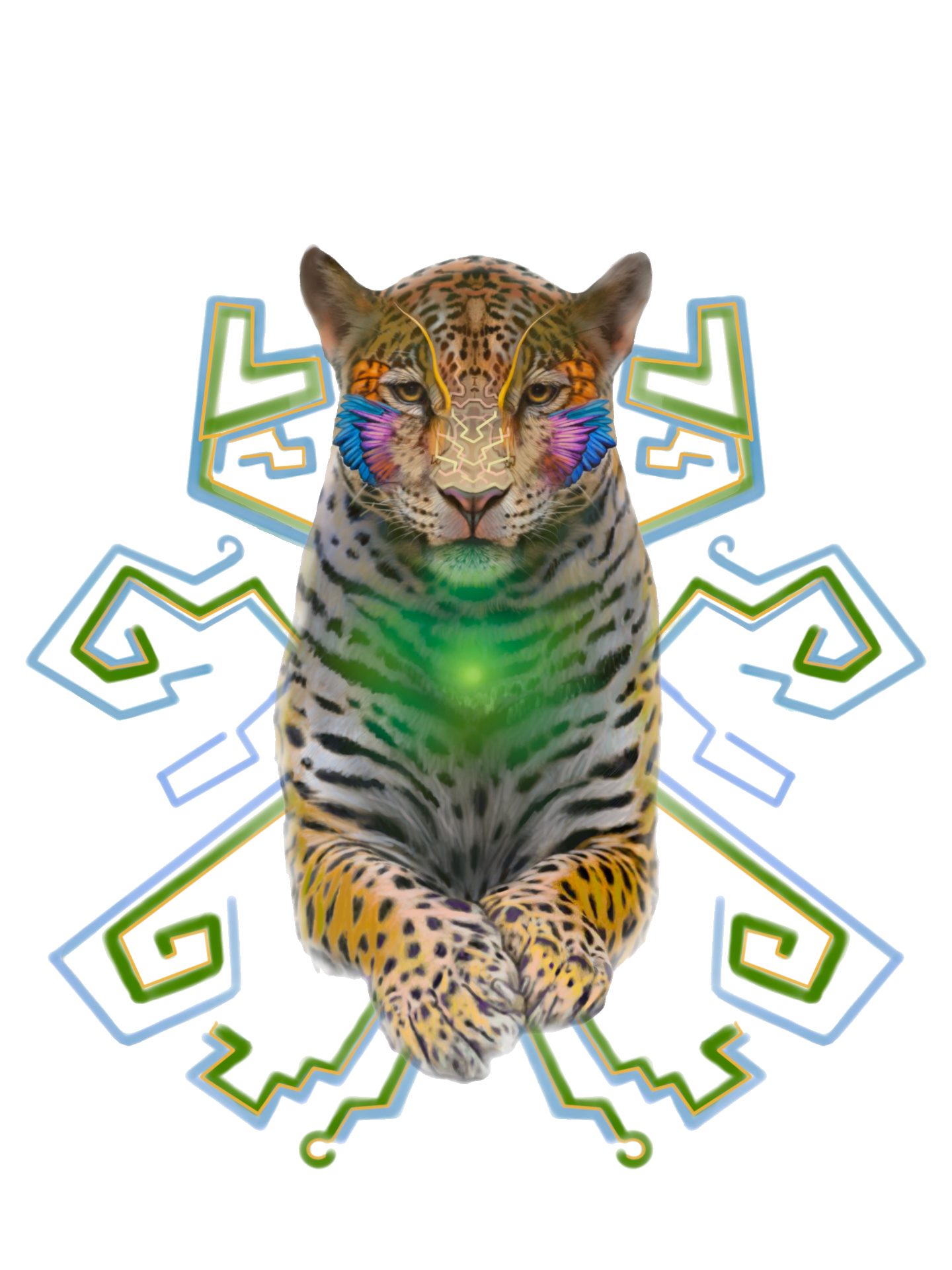 ANIMA — jaguar totem aux motifs aztèques et chakra vert